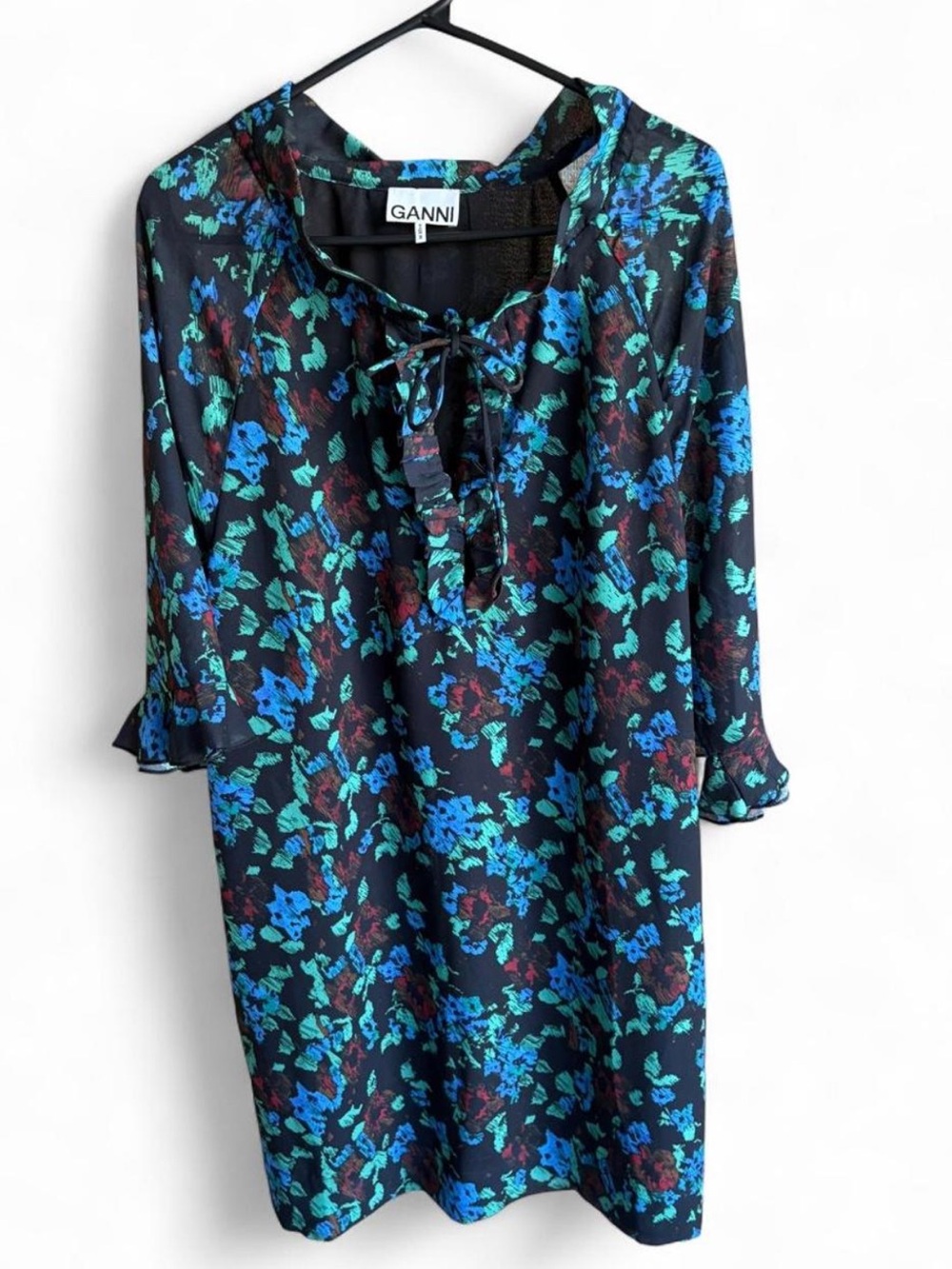 Ganni Black Floral Tie-Neck Tunic with Blue & Green Print